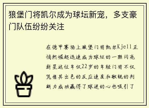 狼堡门将凯尔成为球坛新宠，多支豪门队伍纷纷关注